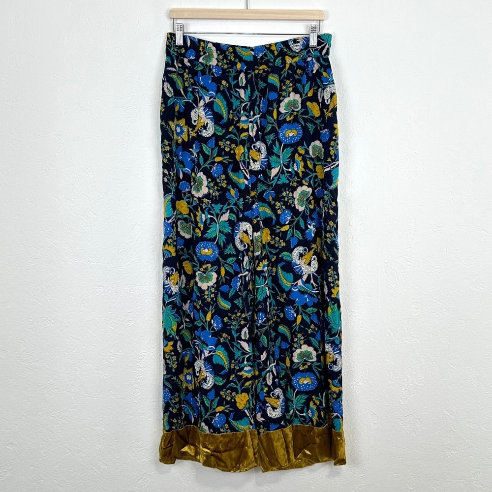 Anthropologie Clara Velvet Trimmed Pants Sz Medium Boho Lounge Wide Leg Floral